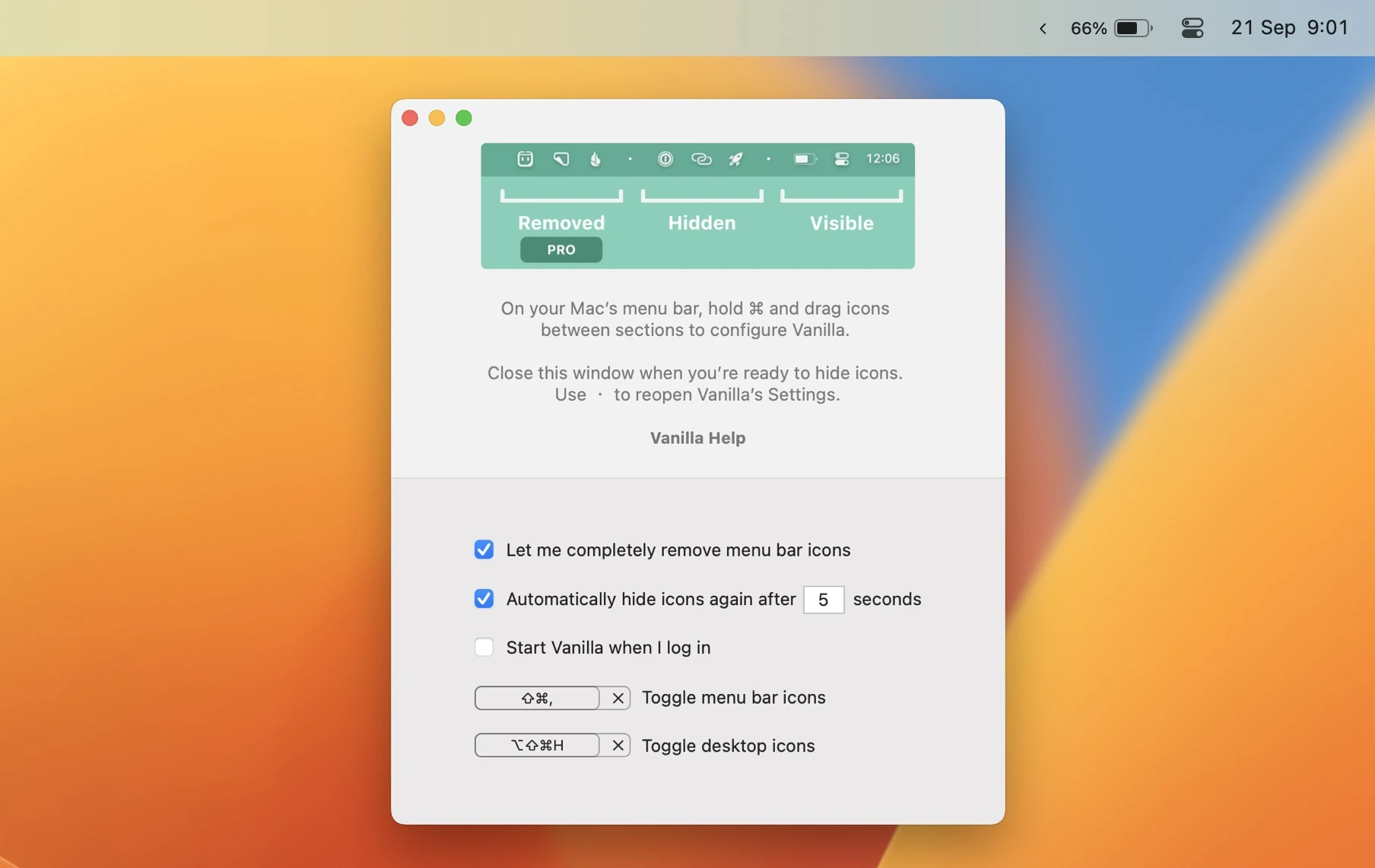 Vanilla Pro For Mac v2.1.1 macOS实用的隐藏菜单栏图标
